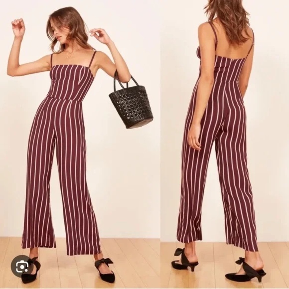 Reformation Burgundy and White Striped Jumpsuit